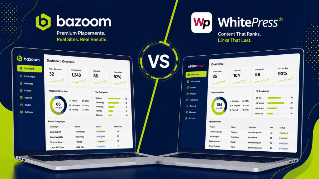 Bazoom vs WhitePress link building platform comparison overview